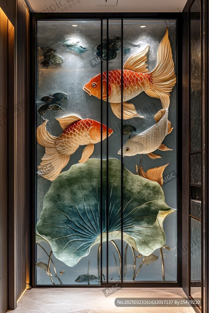 金魚荷葉墻畫