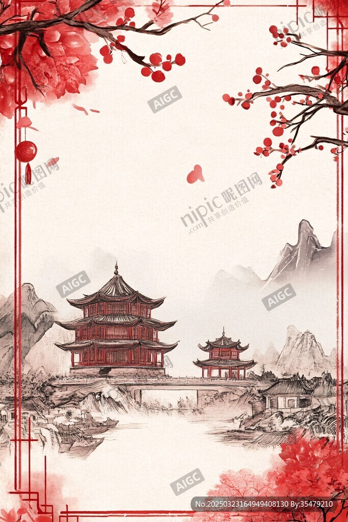 中國風(fēng)古建筑山水畫