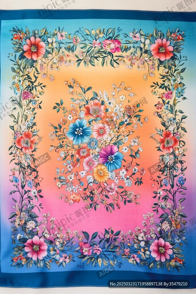 彩色花卉圖案的方形絲巾