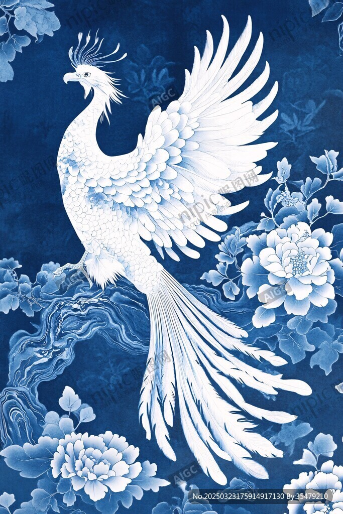 藍(lán)白鳳凰牡丹圖案