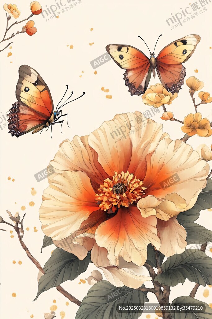 橙色蝴蝶與花朵的藝術插畫