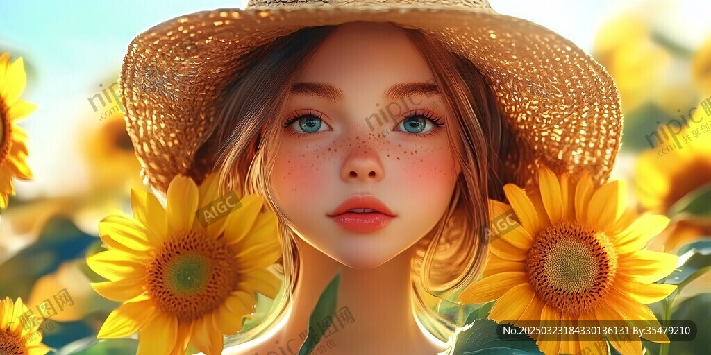 阳光下的年轻女孩与向日葵 阳光下的年轻女孩与向日葵