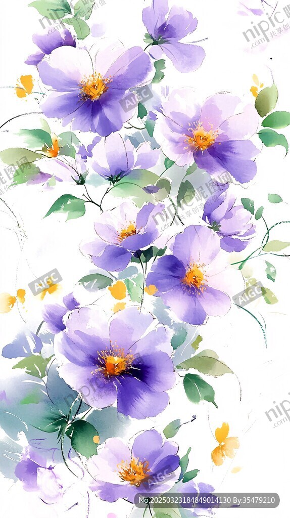 水彩畫(huà)中的紫色花朵