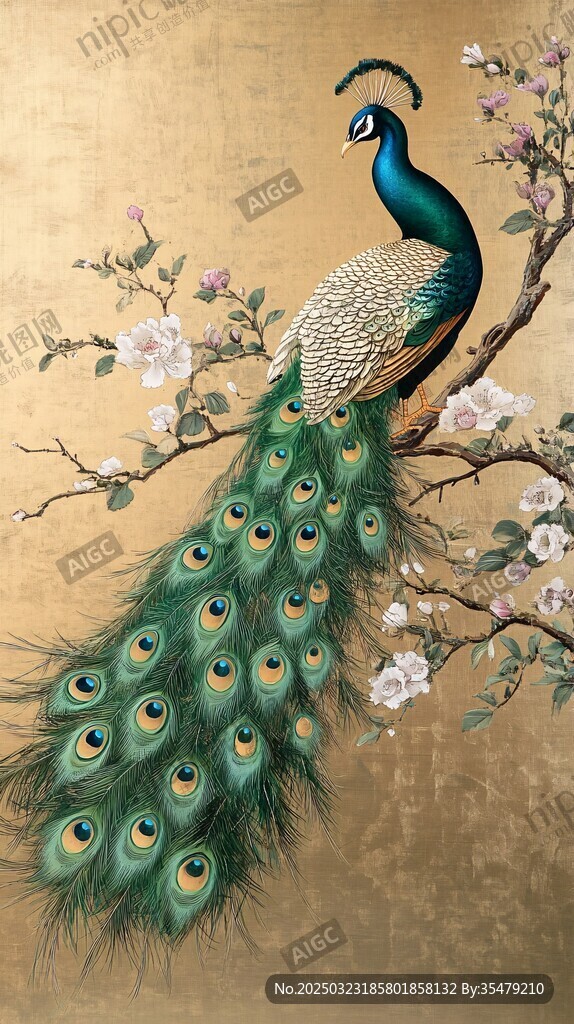 金色背景上的孔雀與花卉
