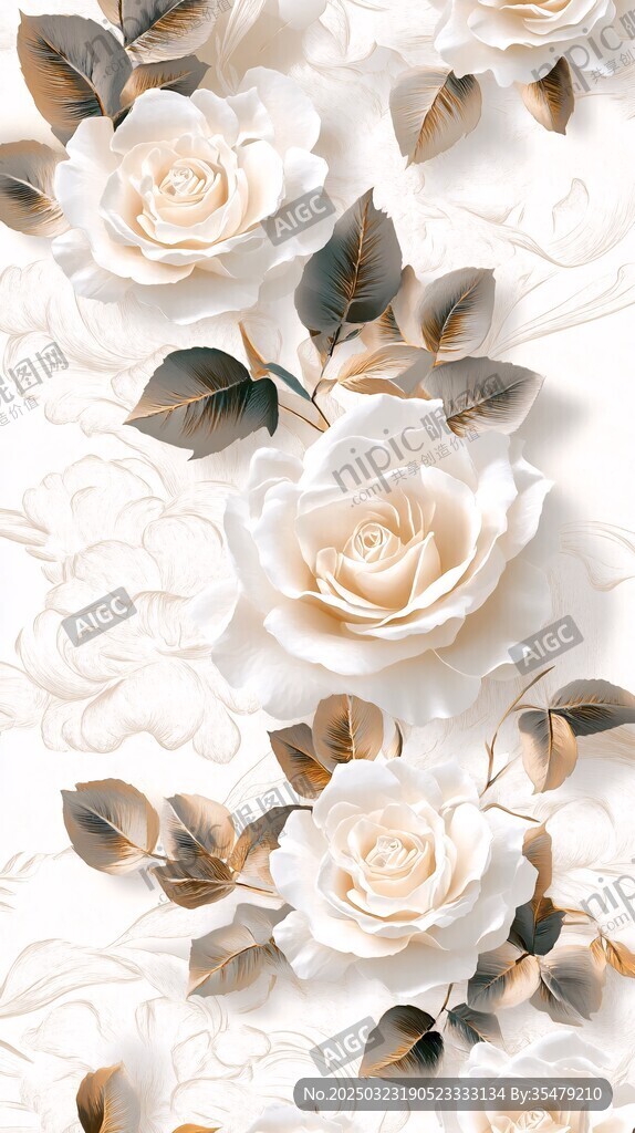 白色玫瑰與金色葉子