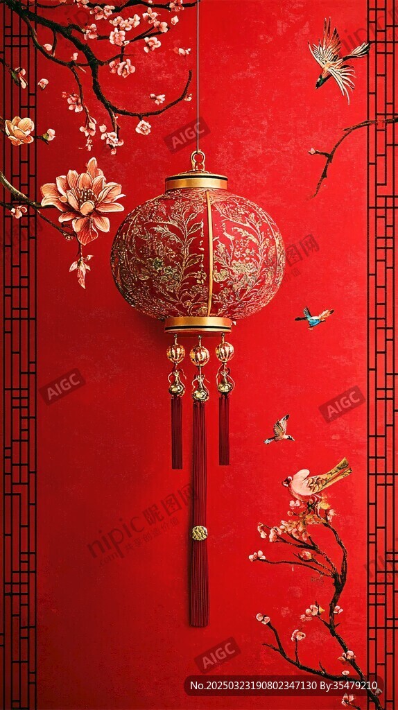 紅墻金燈 梅花鳥語