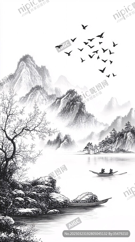 山水畫中的鳥與船