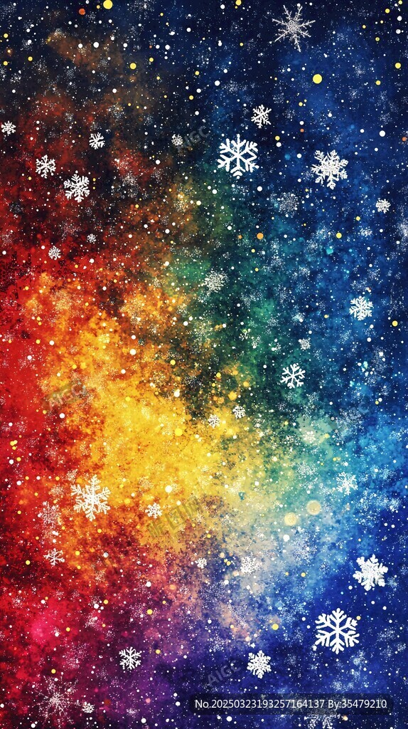 彩色星空下的雪花飄落