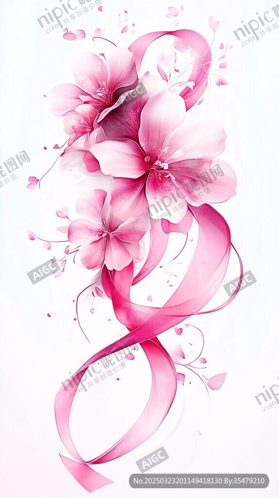 粉色花卉與飄帶的抽象藝術(shù)