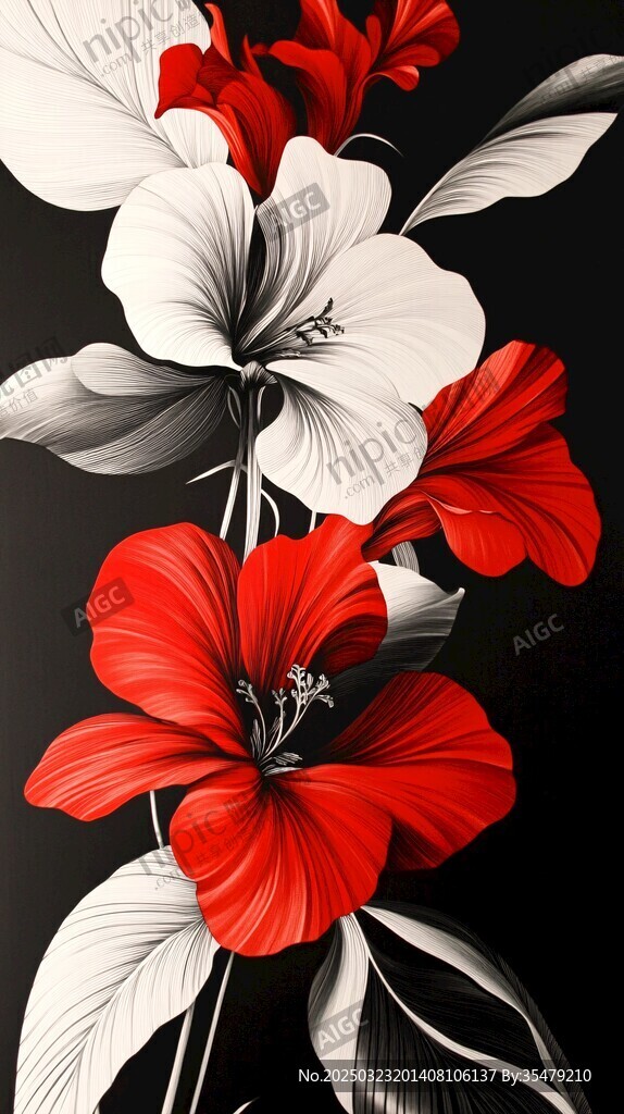 黑白紅花卉藝術