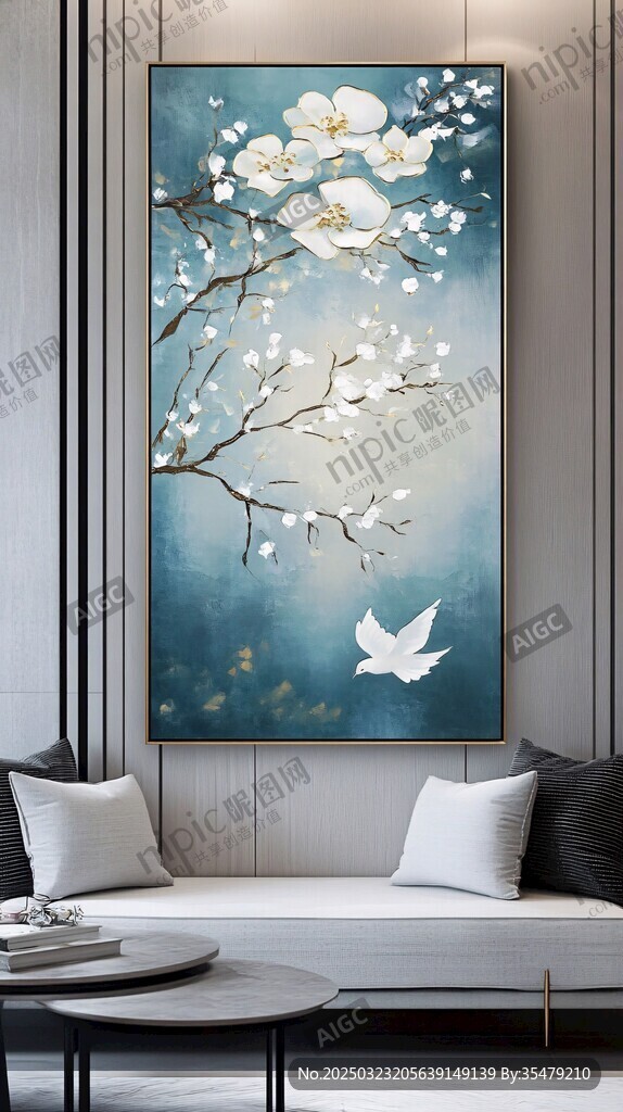 白花藍(lán)背景油畫