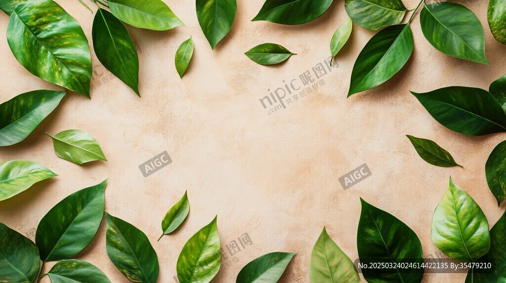 綠色葉子與米色背景的自然融合