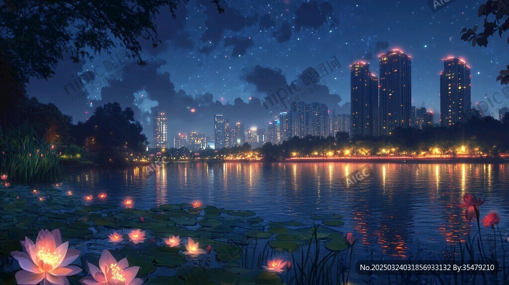 夜幕下的城市湖泊