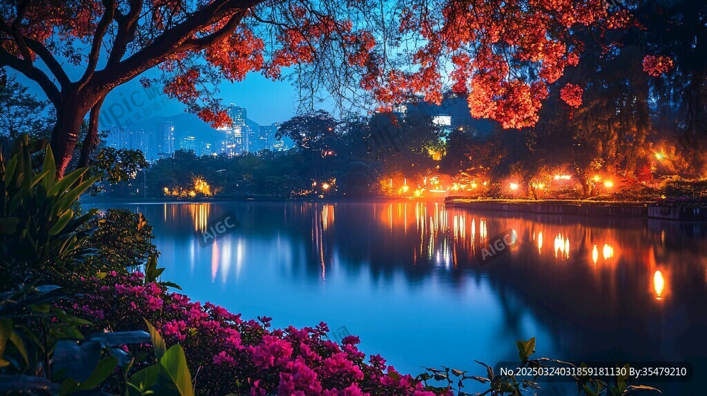 秋日湖光城市夜景