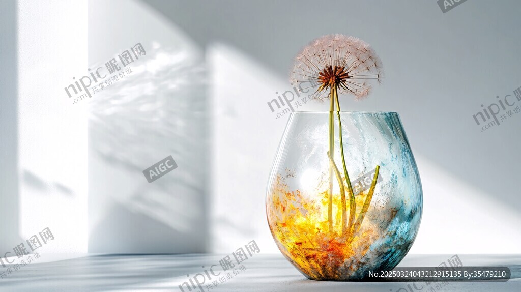 蒲公英在彩色玻璃花瓶中