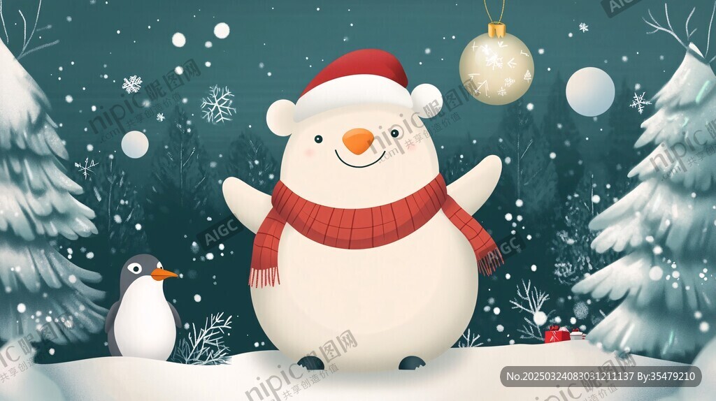 圣誕雪人與企鵝的歡樂雪地