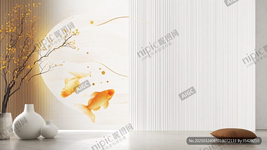 金魚壁畫與白色花瓶