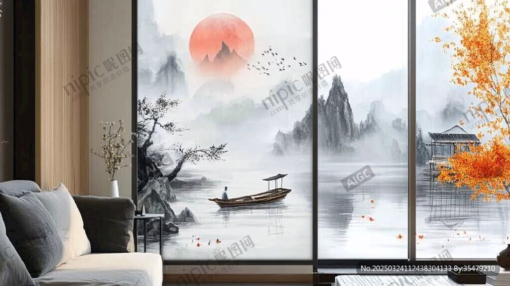 秋月小船山水畫