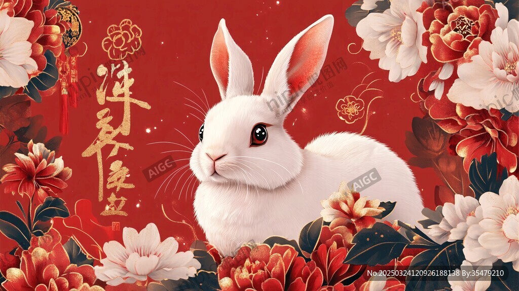 萌兔與紅牡丹