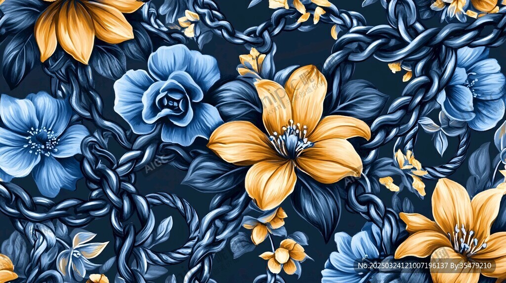 藍橙花卉與藤蔓圖案