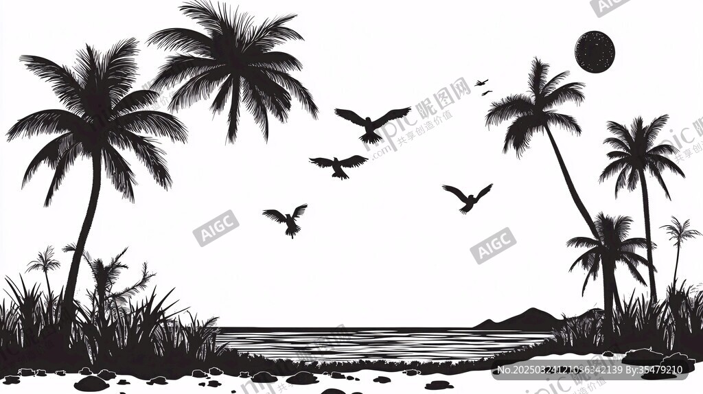 黑白棕櫚海灘剪影