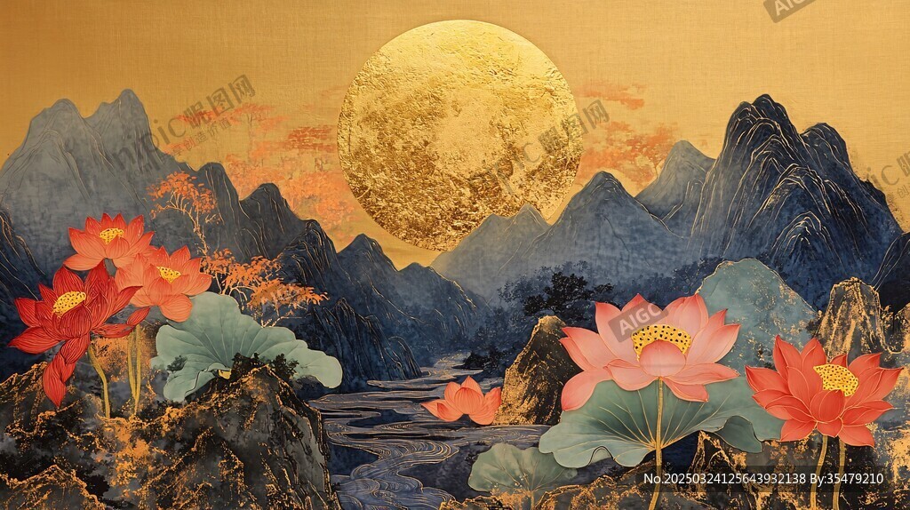 月夜山巒間的絢爛荷花景