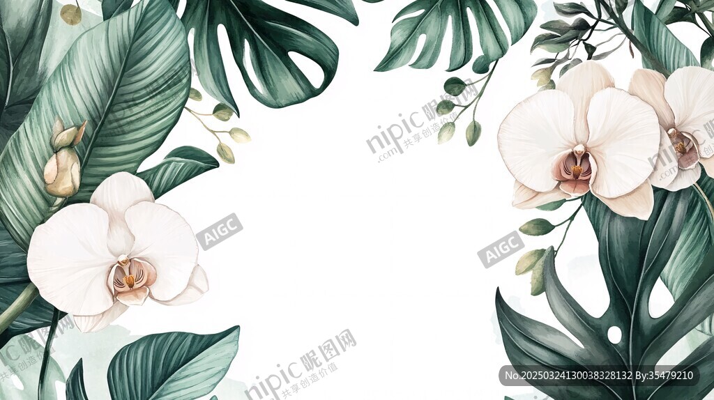 熱帶花卉綠葉清新插畫