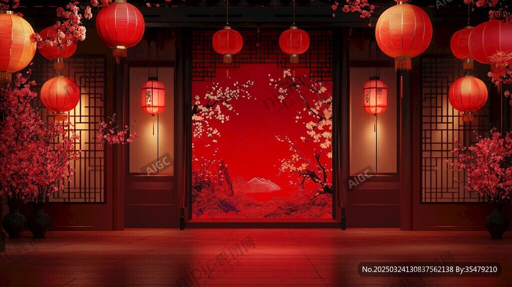 中式喜慶場(chǎng)景 紅燈籠與繁花