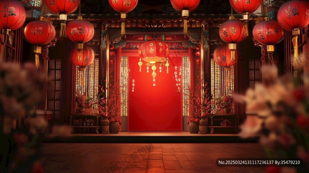 中式紅燈籠裝點(diǎn)的喜慶門庭
