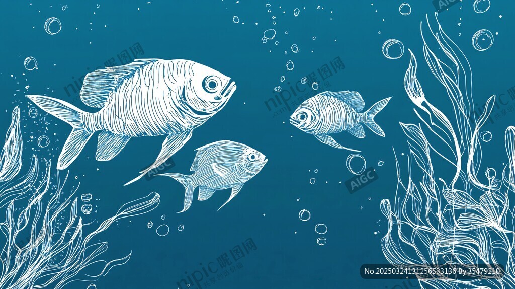 海底游魚與海草插畫