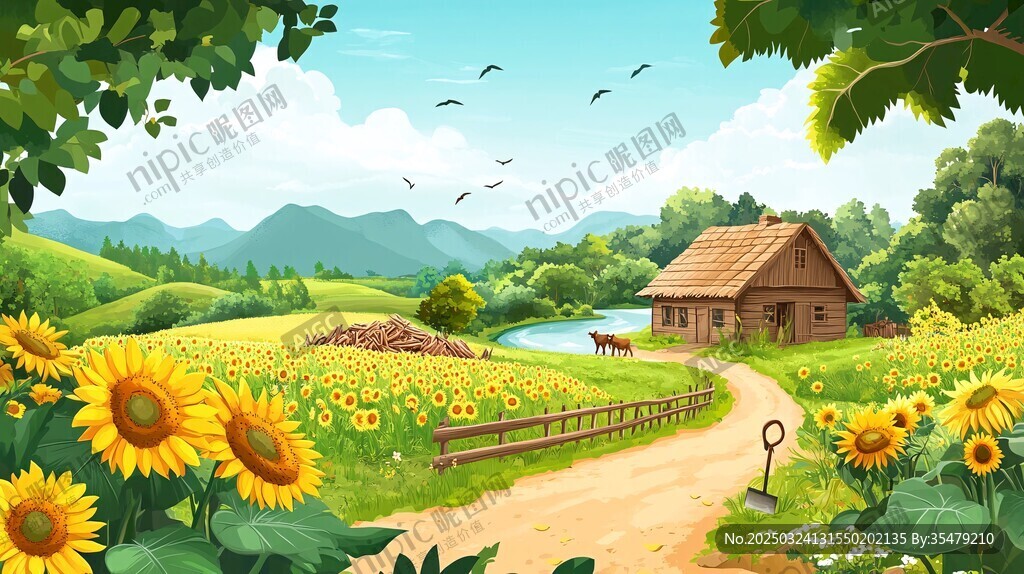 田園小屋旁的向日葵花田