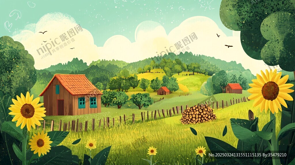 田園小屋旁的向日葵風(fēng)光