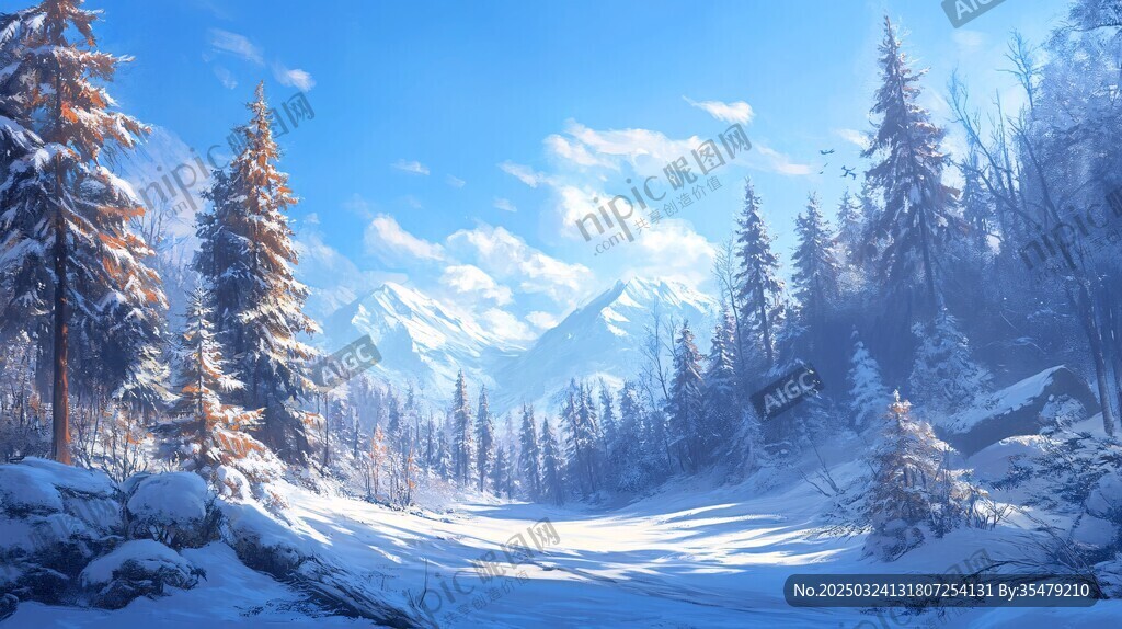 冬日雪林山谷美麗風光