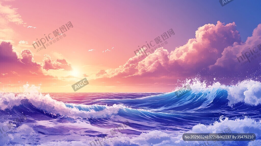 海上日落時的壯麗波浪景觀