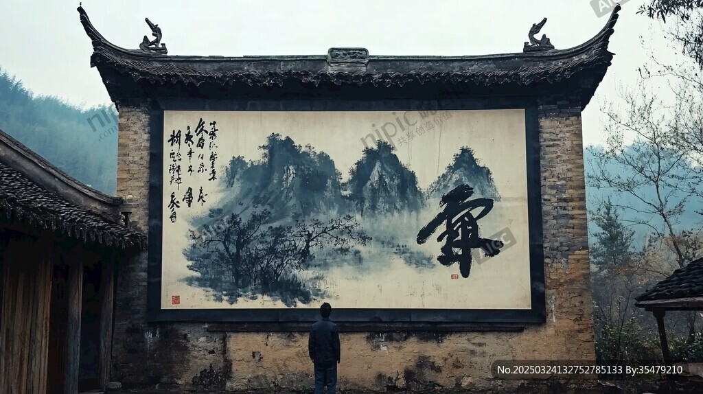古墻墨韻前的沉思身影