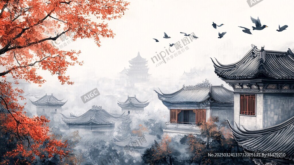 秋景中式古建筑飛鳥圖