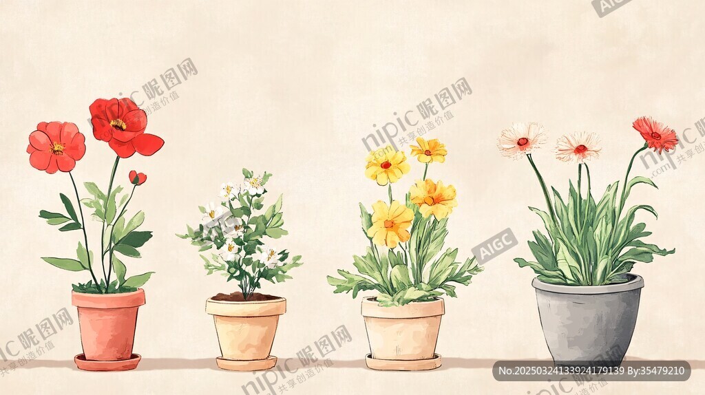 四盆多彩花卉盆栽展示