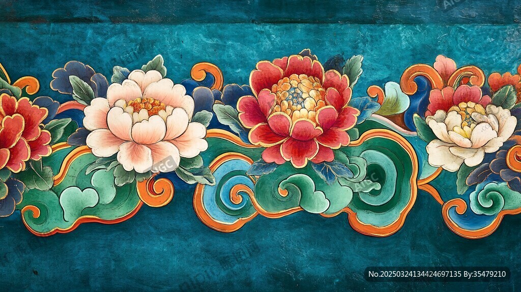 中式古典花卉祥云紋飾圖案
