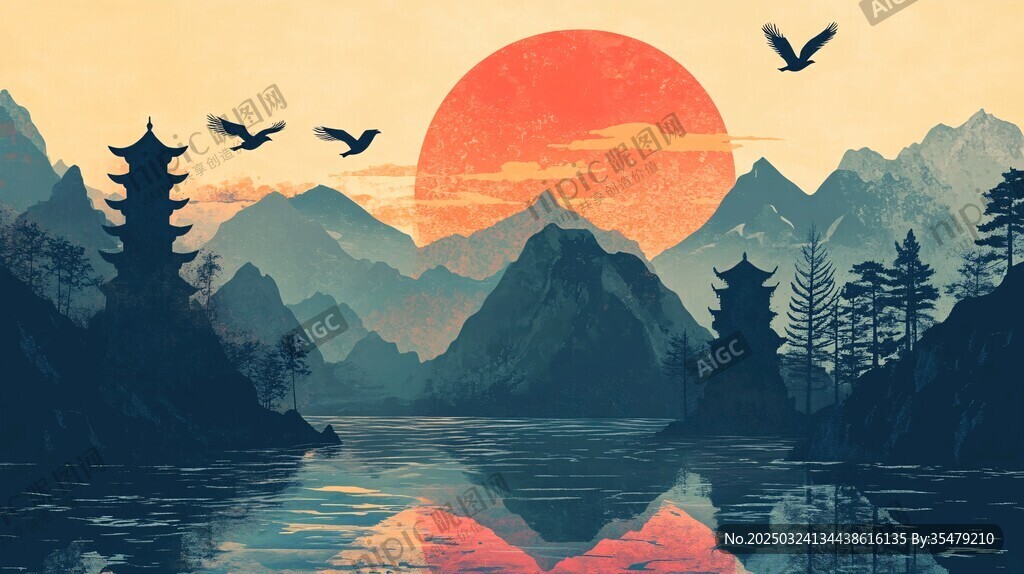 夕陽下的山水古塔景致