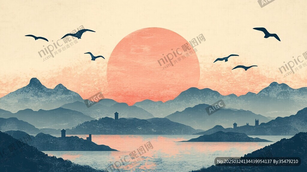 落日群山飛鳥壯美風景圖