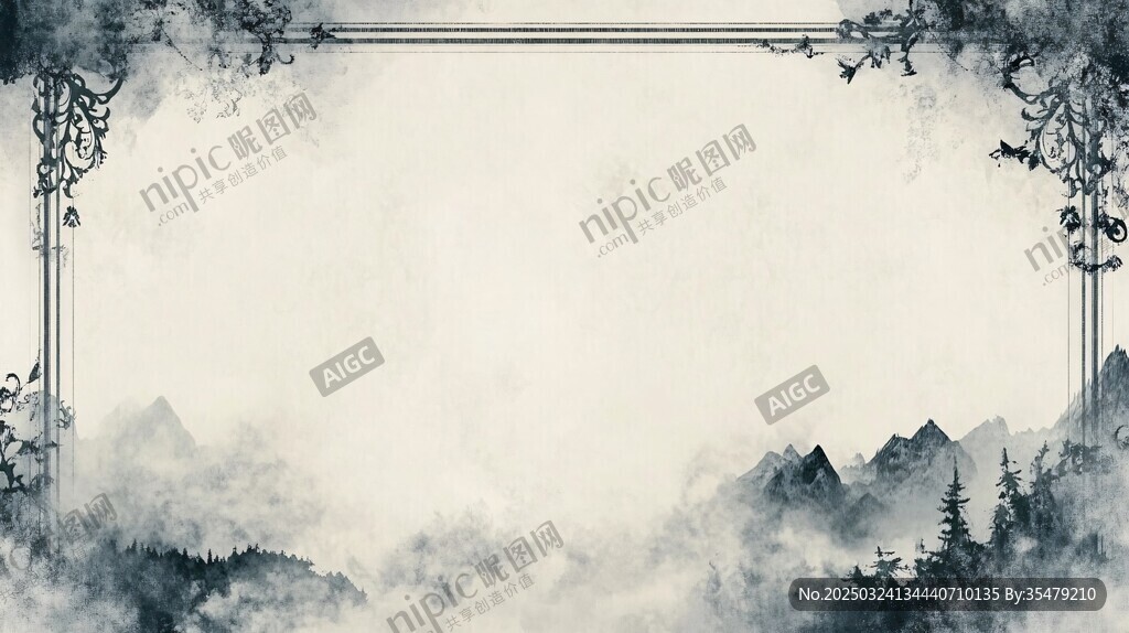中式水墨山水邊框背景圖
