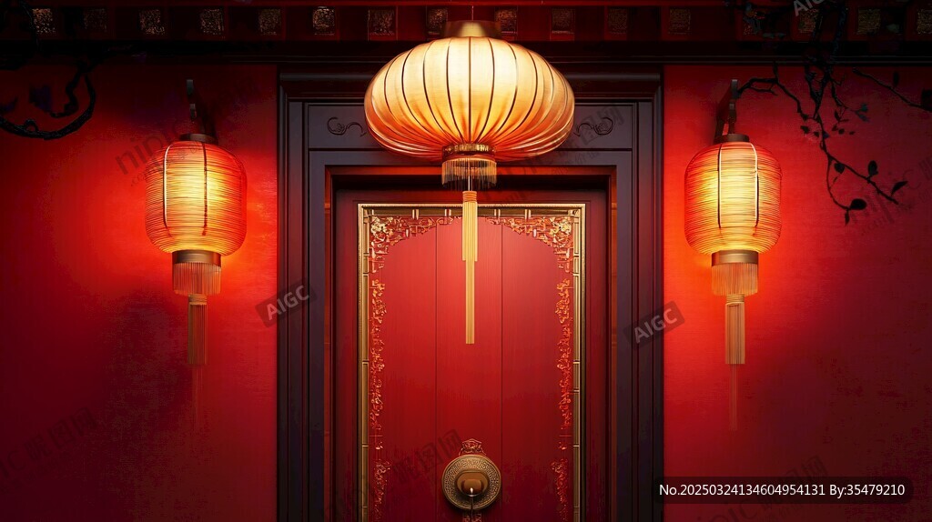 中式紅門(mén)掛燈籠喜慶場(chǎng)景