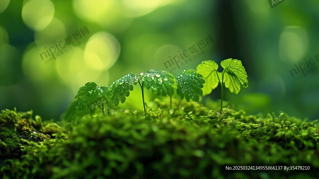 嫩綠新芽綻于翠綠苔蘚間