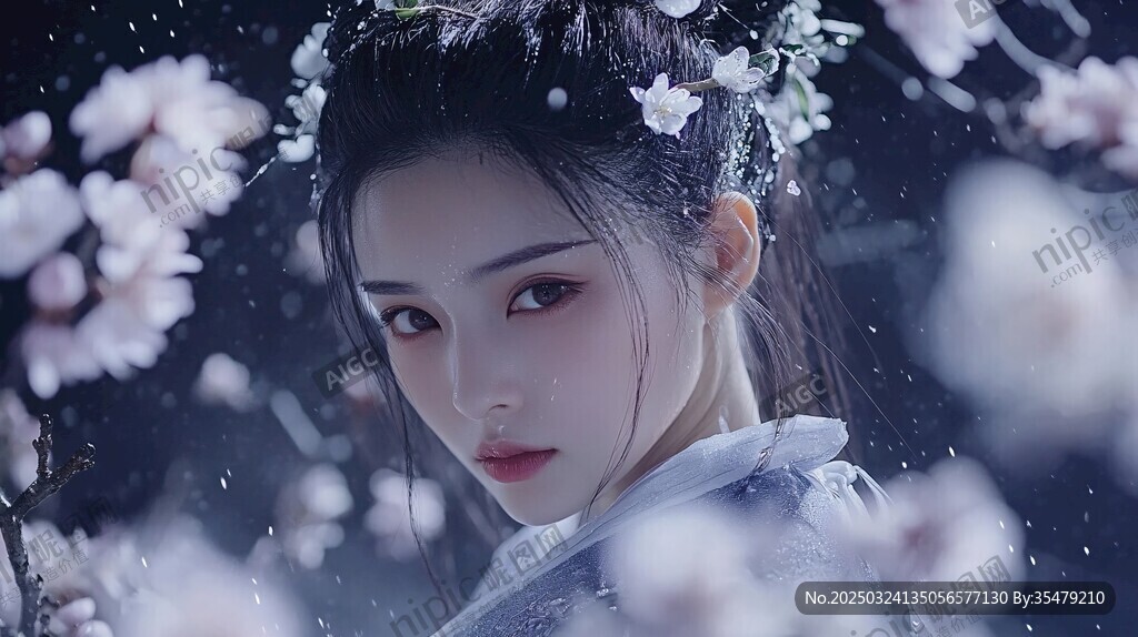 雪中美艷古風女子賞繁花