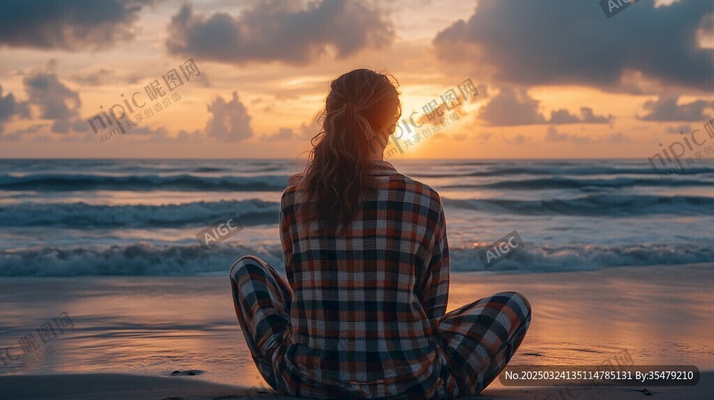 女孩靜坐賞海邊壯麗日落