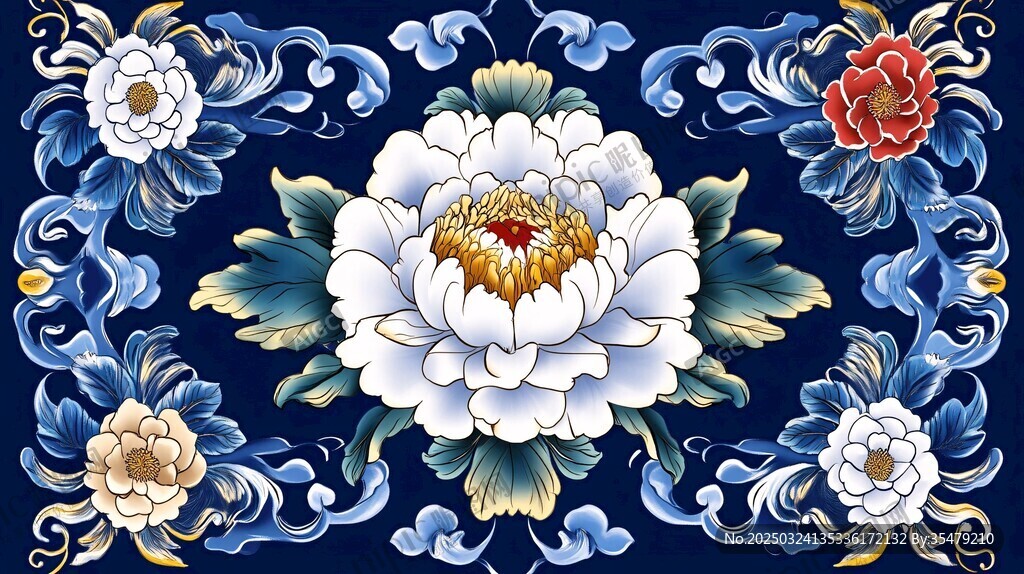 中式藍(lán)底繁花傳統(tǒng)紋飾圖案