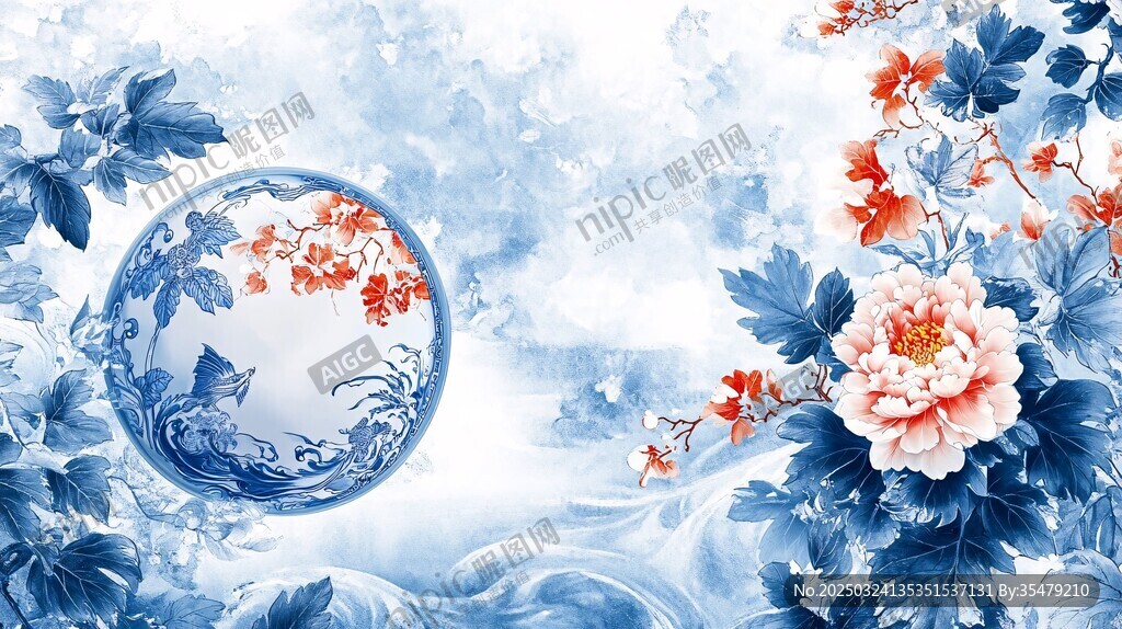 青花瓷韻 花鳥繪景圖