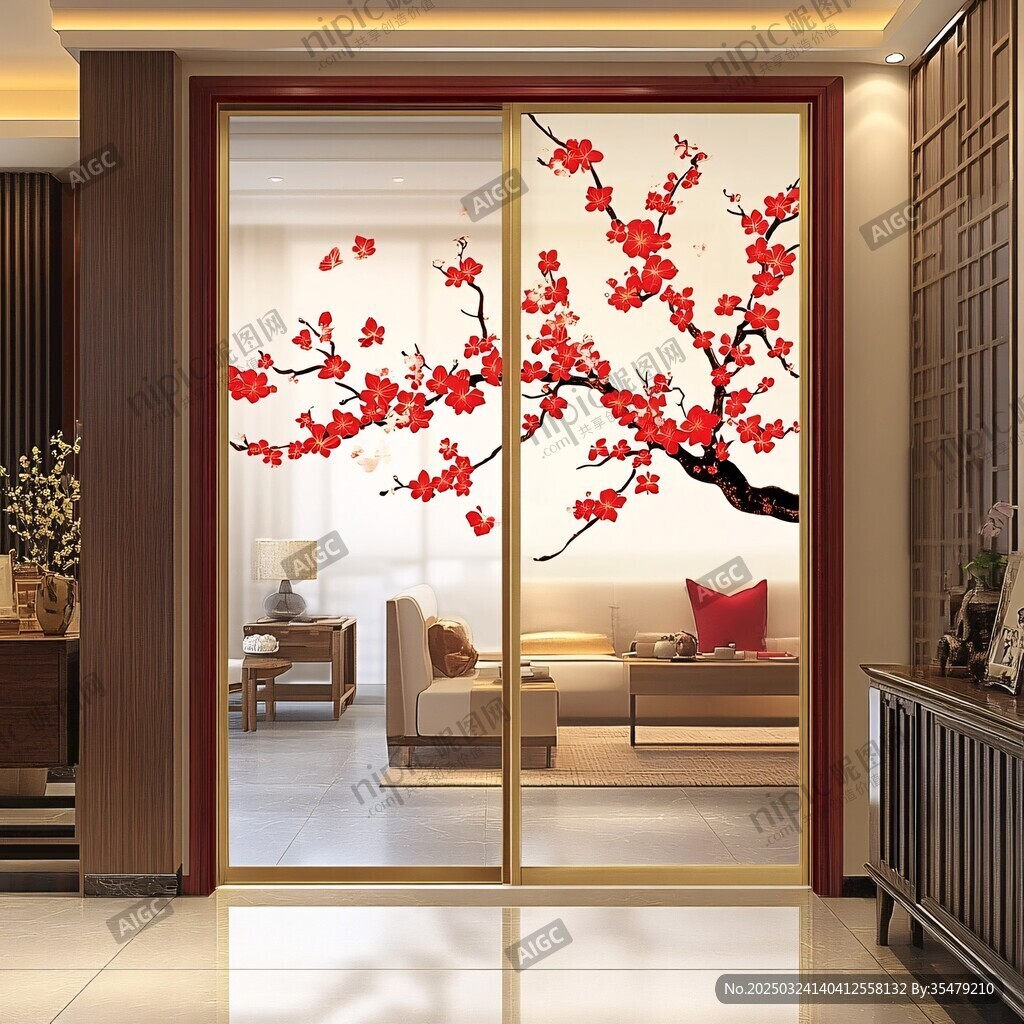中式移門 紅梅裝點室內空間
