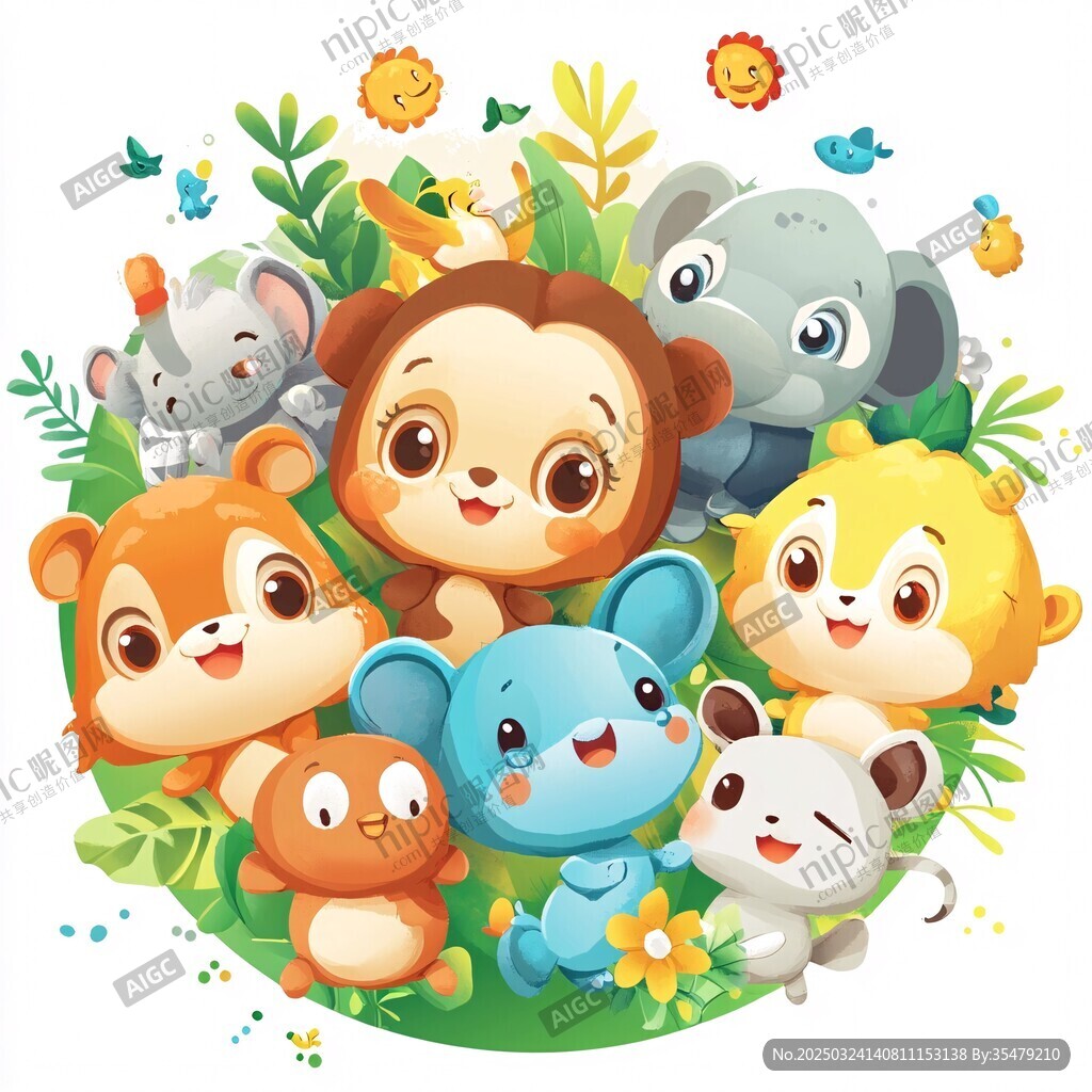 可愛動物歡聚的歡樂場景
