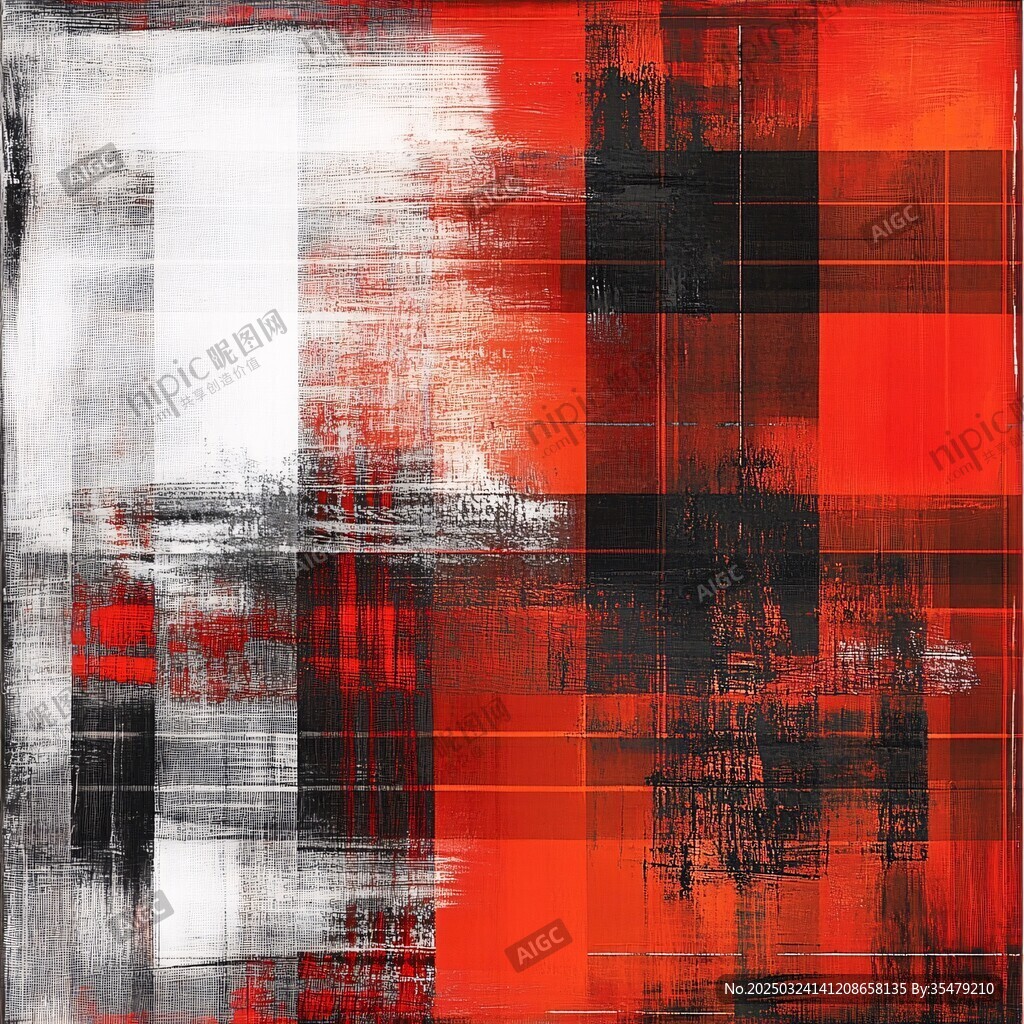 紅黑白抽象幾何色塊畫作